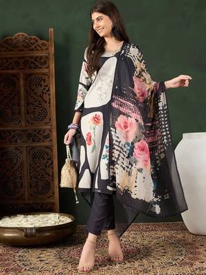 women black rayon blend floral printed straight kurta trouser with dupatta 1
