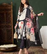 women black rayon blend floral printed straight kurta trouser with dupatta