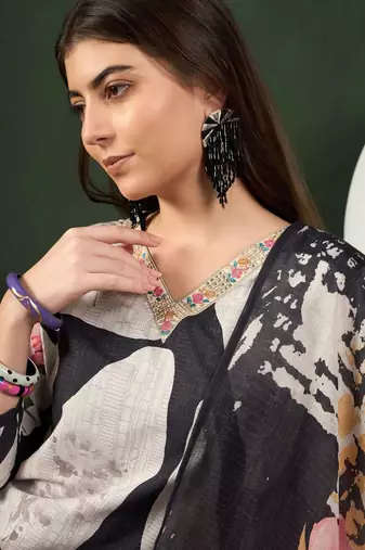 women black rayon blend floral printed straight kurta trouser with dupatta