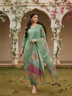 women green rayon blend floral printed straight kurta trouser with dupatta 1