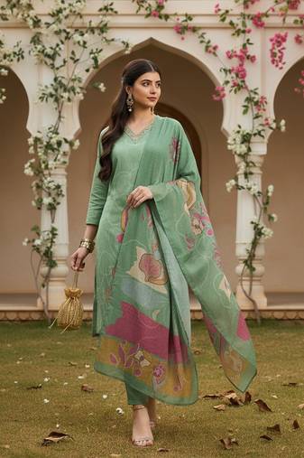 women green rayon blend floral printed straight kurta trouser with dupatta