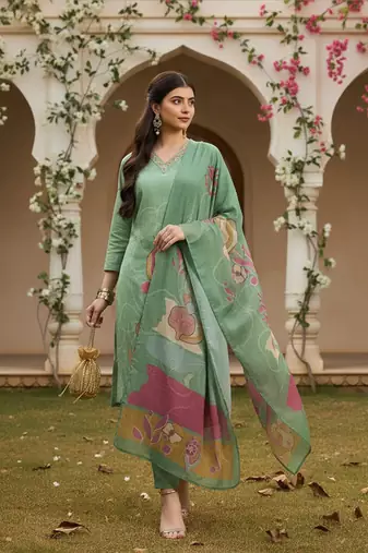 women green rayon blend floral printed straight kurta trouser with dupatta