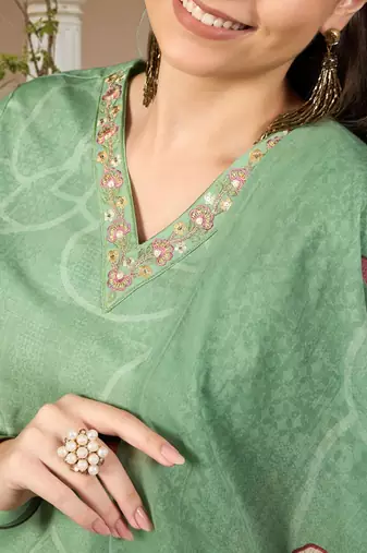 women green rayon blend floral printed straight kurta trouser with dupatta