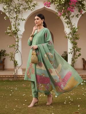 women green rayon blend floral printed straight kurta trouser with dupatta 3