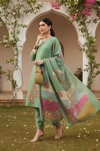 women green rayon blend floral printed straight kurta trouser with dupatta