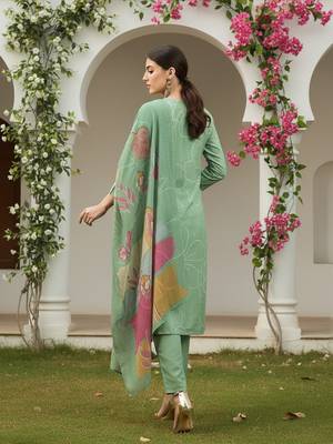 women green rayon blend floral printed straight kurta trouser with dupatta 4