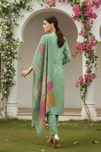 women green rayon blend floral printed straight kurta trouser with dupatta