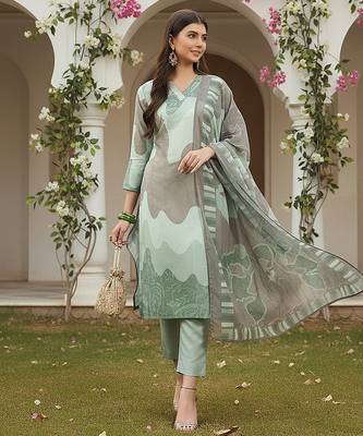 women green rayon blend abstract printed straight kurta trouser with dupatta 1