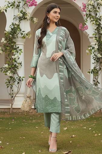 women green rayon blend abstract printed straight kurta trouser with dupatta