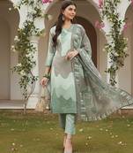 women green rayon blend abstract printed straight kurta trouser with dupatta