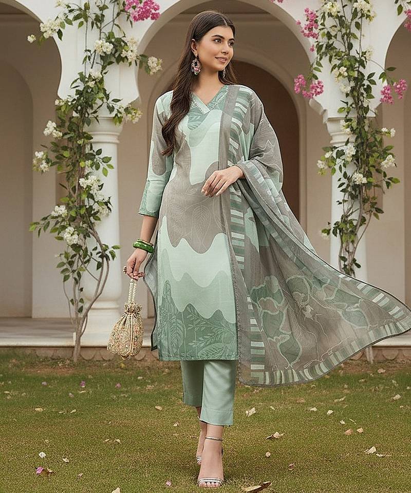 women green rayon blend abstract printed straight kurta trouser with dupatta