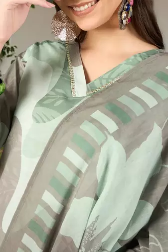 women green rayon blend abstract printed straight kurta trouser with dupatta