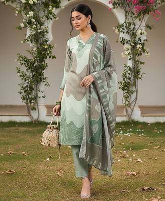 women green rayon blend abstract printed straight kurta trouser with dupatta 3