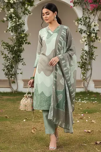 women green rayon blend abstract printed straight kurta trouser with dupatta