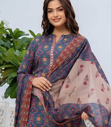 women blue poly rayon floral printed straight kurta trouser with dupatta