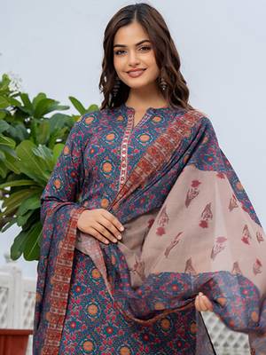 women blue poly rayon floral printed straight kurta trouser with dupatta 2