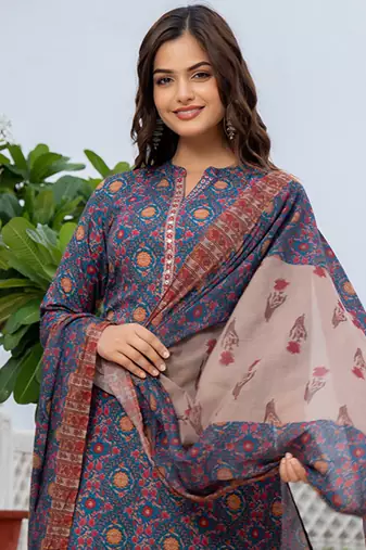 women blue poly rayon floral printed straight kurta trouser with dupatta