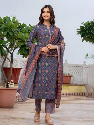 women blue poly rayon floral printed straight kurta trouser with dupatta 1