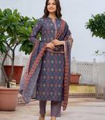 women blue poly rayon floral printed straight kurta trouser with dupatta