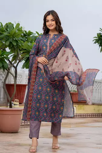 women blue poly rayon floral printed straight kurta trouser with dupatta