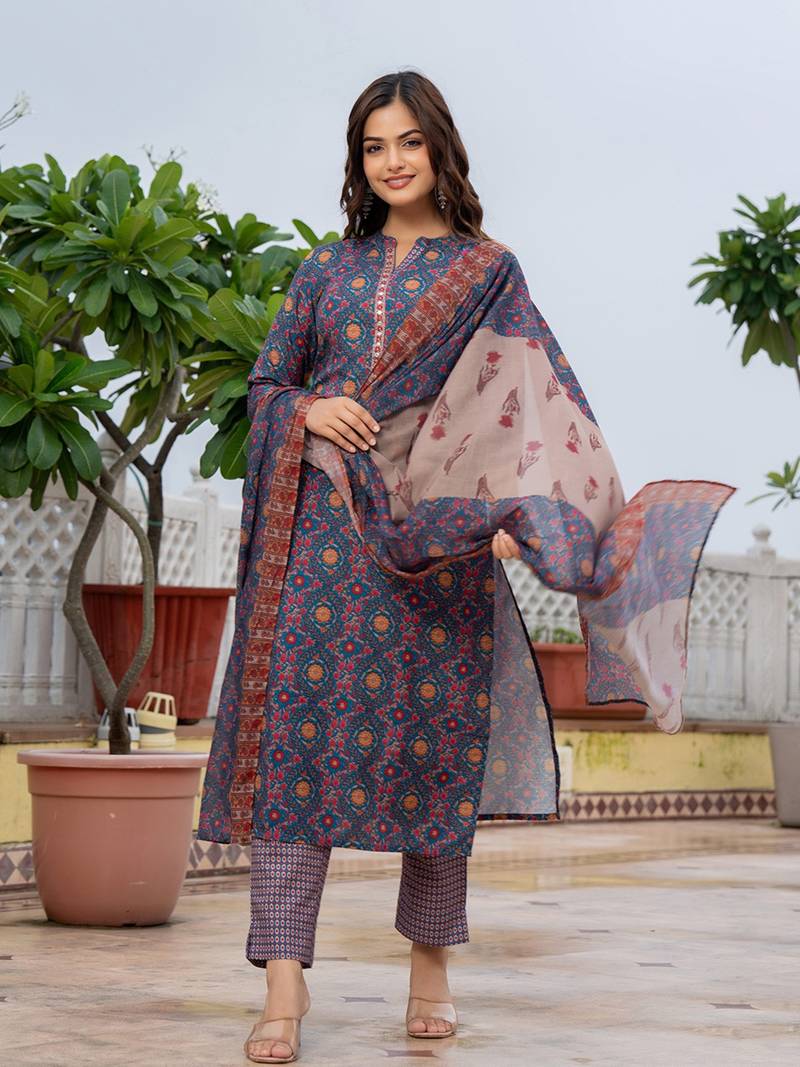 women blue poly rayon floral printed straight kurta trouser with dupatta
