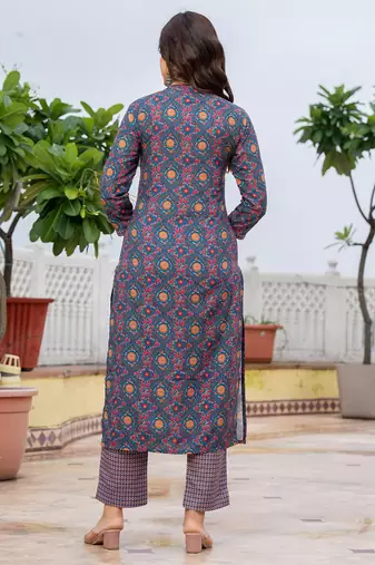 women blue poly rayon floral printed straight kurta trouser with dupatta