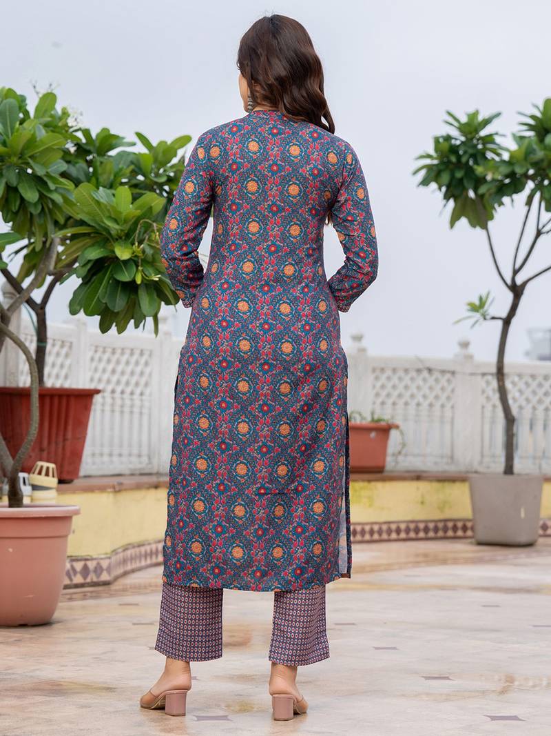 women blue poly rayon floral printed straight kurta trouser with dupatta