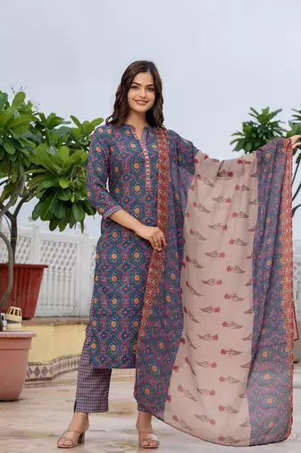 women blue poly rayon floral printed straight kurta trouser with dupatta
