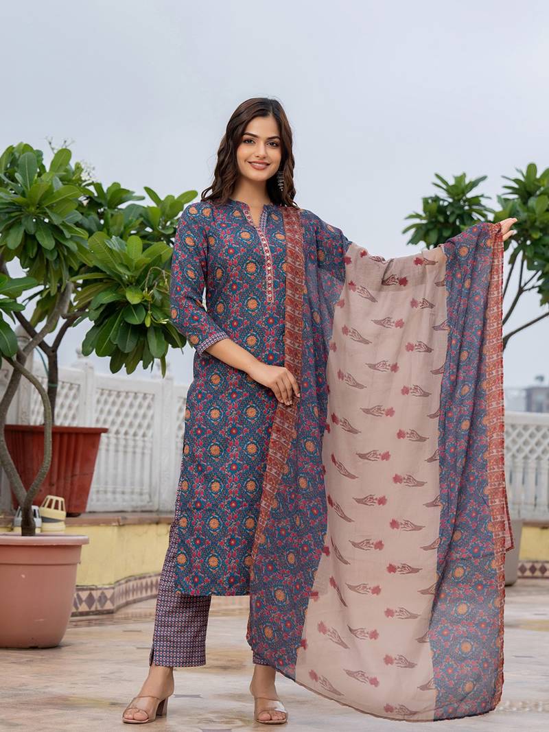 women blue poly rayon floral printed straight kurta trouser with dupatta