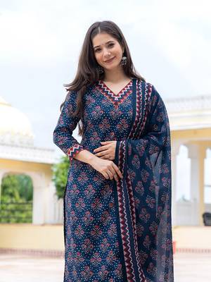 women navy blue rayon blend floral printed straight kurta trouser with dupatta 2
