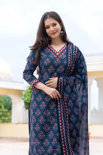 women navy blue rayon blend floral printed straight kurta trouser with dupatta