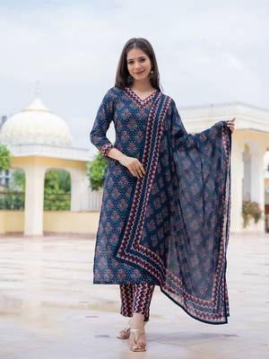 women navy blue rayon blend floral printed straight kurta trouser with dupatta 1