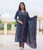 women navy blue rayon blend floral printed straight kurta trouser with dupatta