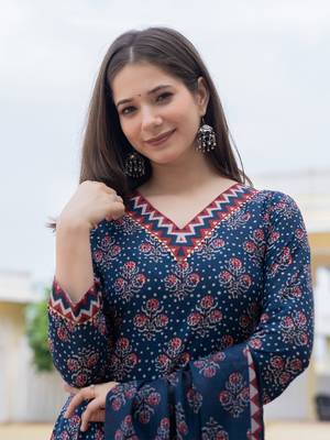 women navy blue rayon blend floral printed straight kurta trouser with dupatta 3