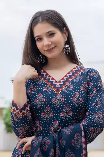 women navy blue rayon blend floral printed straight kurta trouser with dupatta