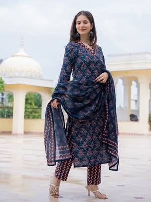 women navy blue rayon blend floral printed straight kurta trouser with dupatta 4