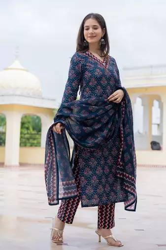 women navy blue rayon blend floral printed straight kurta trouser with dupatta
