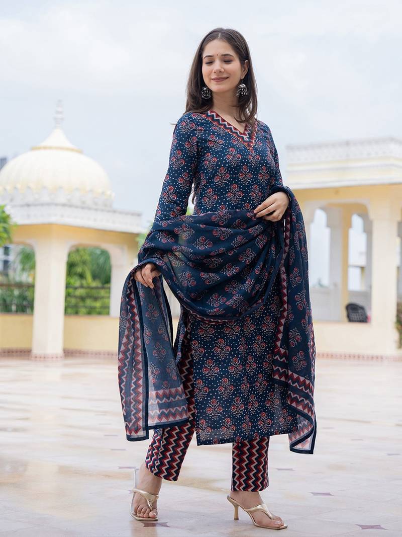 women navy blue rayon blend floral printed straight kurta trouser with dupatta
