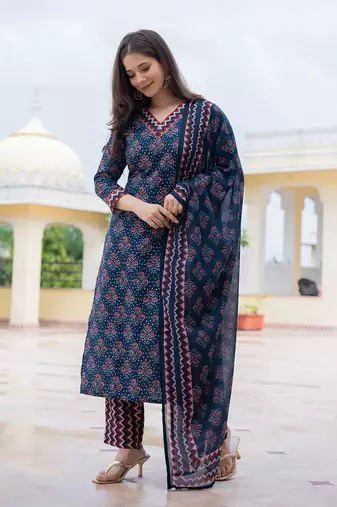 women navy blue rayon blend floral printed straight kurta trouser with dupatta