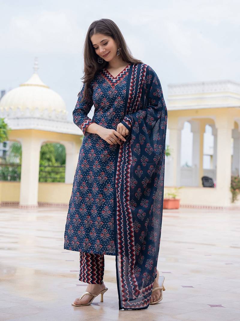 women navy blue rayon blend floral printed straight kurta trouser with dupatta