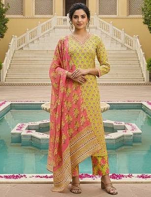 women yellow rayon blend floral printed straight kurta trouser with dupatta 2