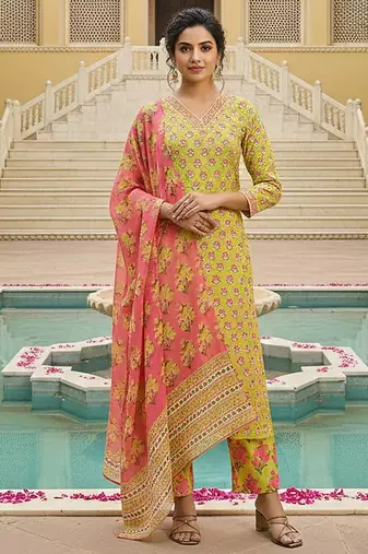 women yellow rayon blend floral printed straight kurta trouser with dupatta