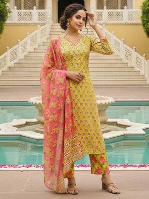 women yellow rayon blend floral printed straight kurta trouser with dupatta 3