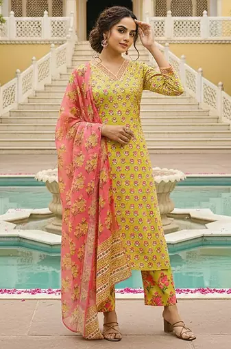 women yellow rayon blend floral printed straight kurta trouser with dupatta