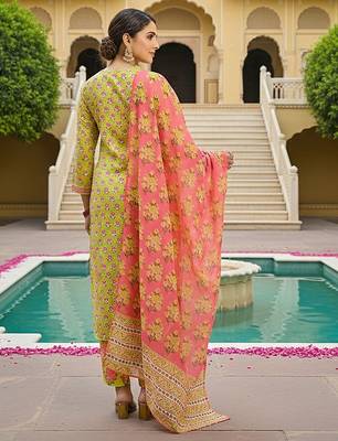 women yellow rayon blend floral printed straight kurta trouser with dupatta 4