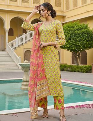 women yellow rayon blend floral printed straight kurta trouser with dupatta 5