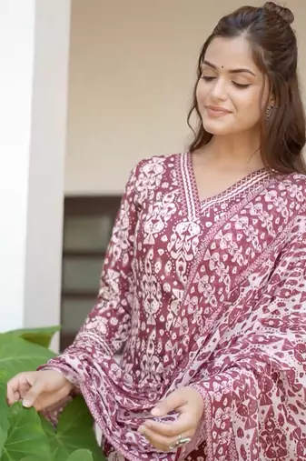maroon rayon blend ethnic motifs printed straight kurta trouser with dupatta