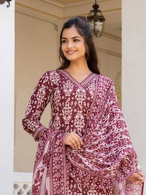 maroon rayon blend ethnic motifs printed straight kurta trouser with dupatta 1
