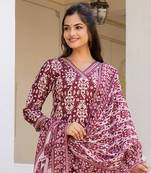 maroon rayon blend ethnic motifs printed straight kurta trouser with dupatta