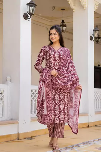 maroon rayon blend ethnic motifs printed straight kurta trouser with dupatta